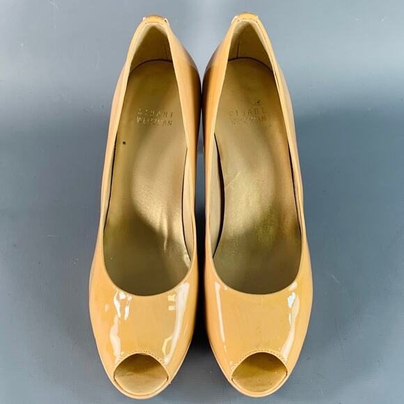 STUART WEITZMAN Size 7 Tan Patent Leather Peep Toe Pumps - Picture 4 of 8